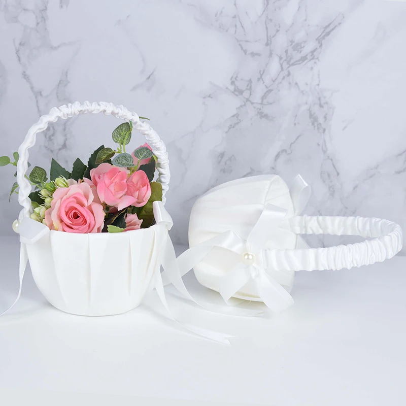 Romantic Bowknot Satin Wedding Ceremony Rose Flower Girl Basket and Rose 3C 