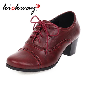 

2020 Retro Brogue Shoes Women High Heels PU Leather Round Toe Top Quality Lady Oxford Shoes Woman Handmade British Cut out Style