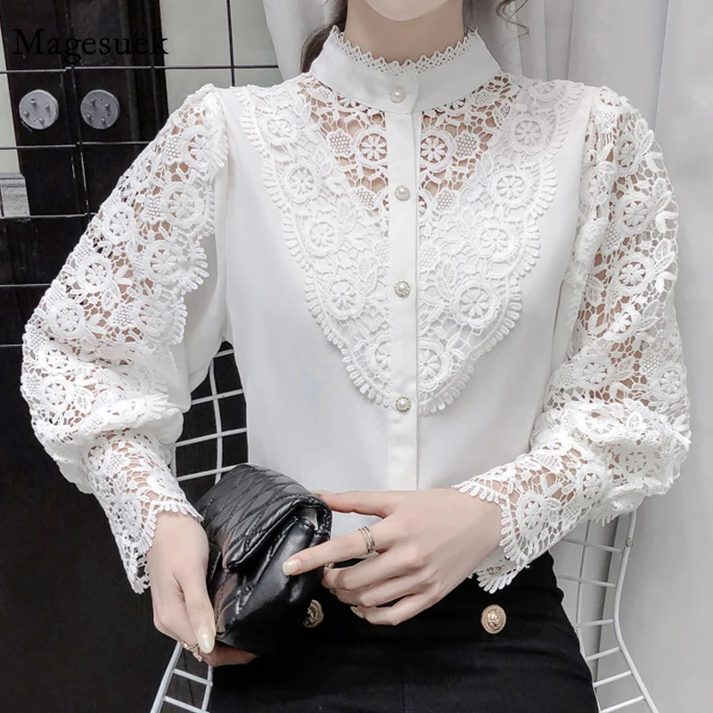 

New Korean Lace Stitching Shirt Spring Chic Hollow Flower Buttons Ladies Top Sweet Stand Collar Long Sleeve Blouse Women 12948