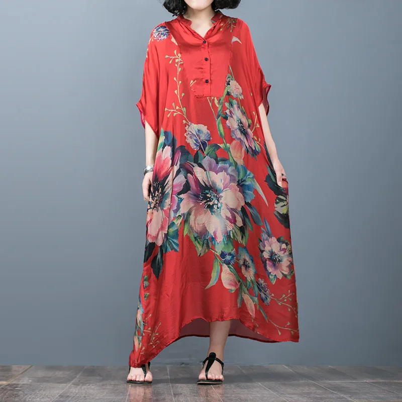 2018 Nieuwe Stijl Korte Mouw Gedrukt Loose-Fit Grote Bloem Lange Rokken Origional Literatuur En Kunst Retro Grote Maat zijden Jurk + 2018 Nieuwe Stijl Korte Mouw Gedrukt Loose-Fit Grote Bloem Lange Rokken Origional Literatuur En Kunst Retro Grote Maat zijden Jurk +