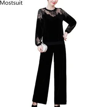 

M-3xl Black Velvet Lace Two Piece Sets Outfits Women Plus Size Hollow Tops And Wide Leg Pants Suits Autumn Winter Vintage Sets