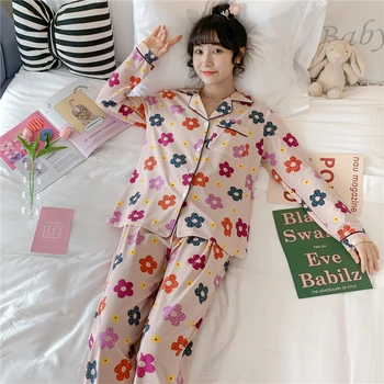 

Women Printing Pajamas Set Long Sleeve and Pants Sleepwear Clothes Pijamas Women Cotton Viscose Pijama Femme Clothes for Home