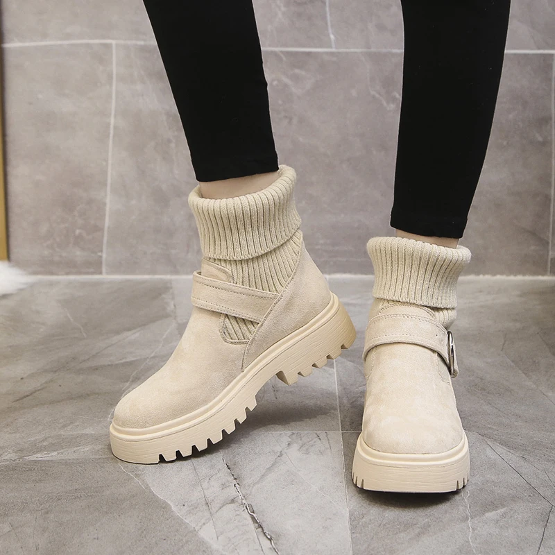 Botines de tacón medio para mujer, botas aterciopeladas, color negro/Beige,  Invierno|Botas hasta el tobillo| - AliExpress