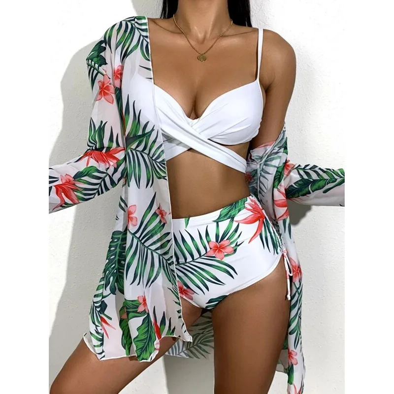 orange bikini set High Waist 3 Piece Bikini Set With Cover Up 2022 Swimsuit Women Print Long Sleeve Bathing Suit Beachwear Swimming Biquini New strapless bikini set