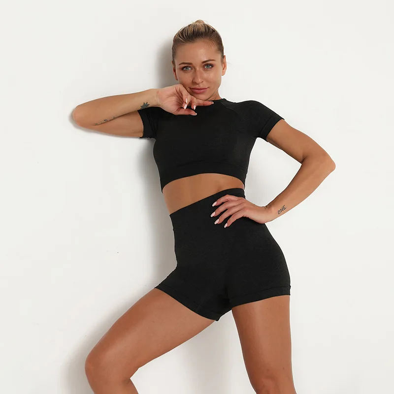 SDCVRE Pantalones de Yoga Conjunto de Yoga sin Costuras, Conjunto de  Entrenamiento para Mujer, Ropa Deportiva para Gimnasia, Camiseta Corta de  Dos Piezas para Mujer, Pantalones Cortos de Manga larg : 