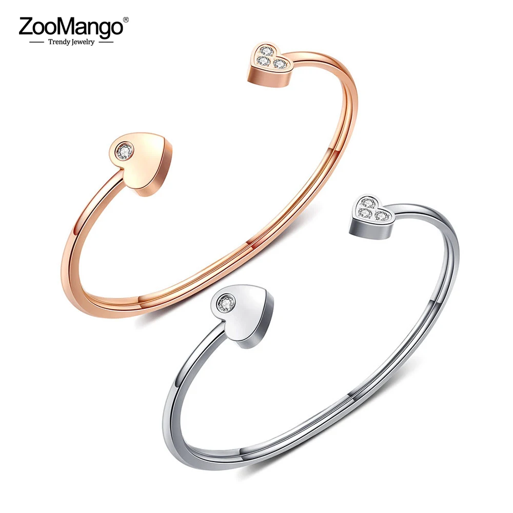 ZooMango, модный, нержавеющая сталь, сердце любовь, Открытый браслет для запястья для женщин, офис, CZ Кристалл, женский браслет, ювелирные изделия ZOGH958
