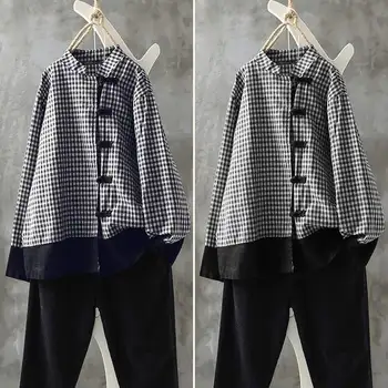 

ZANZEA Vintage Shirt Women Chinese Stylish Buttons Blouse Plaid Check Cotton Linen Tops Blusas Female Elegant Stand Collar Tunic