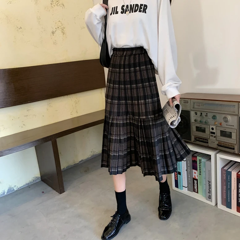 Женская Клетчатая Шерстяная Юбка в стиле ретро Harajuku, свободная плиссированная юбка с высокой талией, женская простая облегающая трапециевидная юбка для женщин