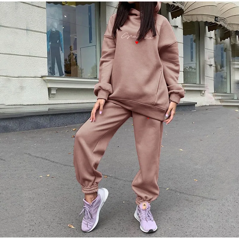 Two Piece Set Casual Fleece Tracksuit Women Winter 2021 Women's Sets Oversized Hooded Long Sleeve Hoodie Sport Pants Lady Suit