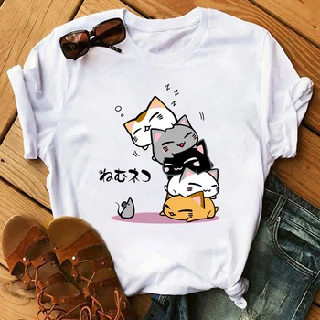 

Maycaur Summer Funny Cat Women T Shirt Casual Short Sleeve Korean Kawaii Ulzzang Tshirt Female White Print O-neck Top Tees Mujer