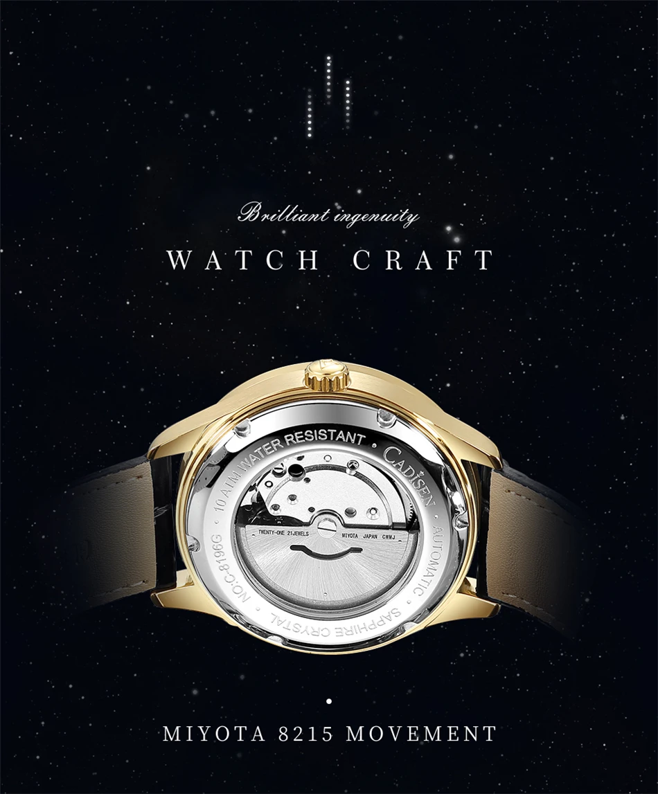 CADISEN New Pilot Series Men's Watch Luxury Sapphire Glass 100M Waterproof Automatic Watch Stainless Steel Mechanical Wristwatch