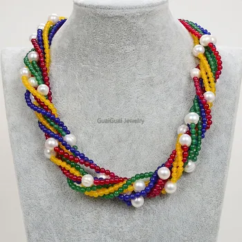 

GuaiGuai Jewelry 8Strands white pearl mixed color Jade Gems Stone Necklace