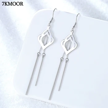 

7KMOOR Pendientes Flecos Korean Elegant Women Long Earring Leaf Bead Pearl Charm Pendent Snake Chain Tassel Earrings KM173