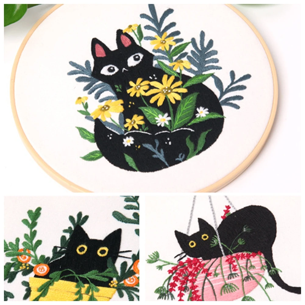 DIY Cross Stitch Needlework Tools For Beginners Home Sewing HandCrafts Kit Embroidery Set Flowers Plants Cat Pattern Handmade