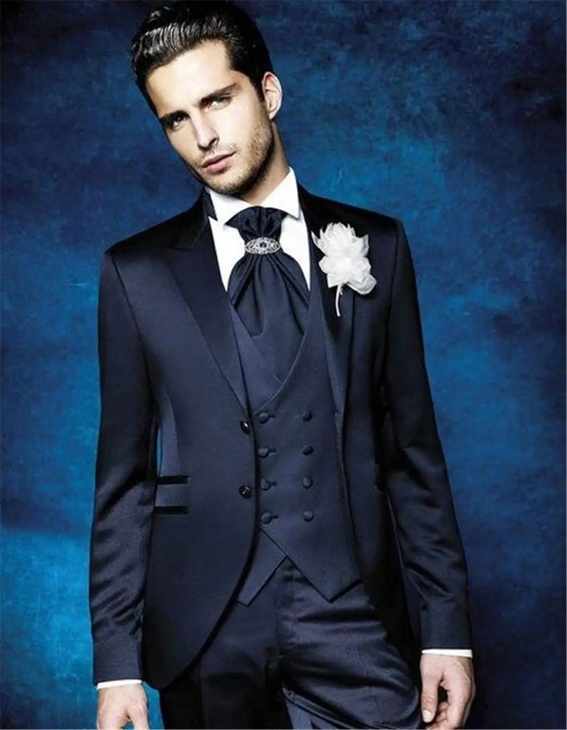 

Navy Blue Formal Men Suit For Wedding 3 Pieces(Jacket+Pant+Vest+Tie) Latest Designs Slim Groom Blazer costume homme terno