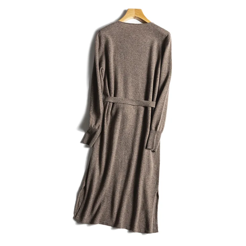 SuyaDream 2021 Winter Midi Dresses 100%Basulan Wool V neck Sashes Pullover Dress 2021 Fall Winter Sweaters for Woman Black