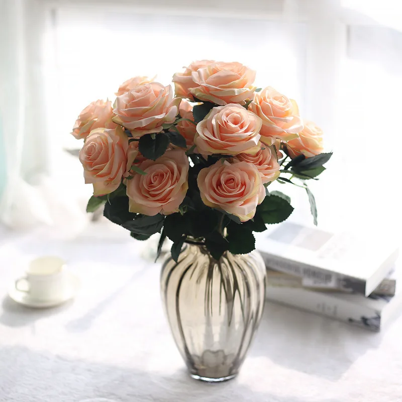 

30cm Rose Pink Silk Artificial Flowers Bouquet 5 Big Head Cheap Fake Flowers for Home Wedding Decoration Indoor