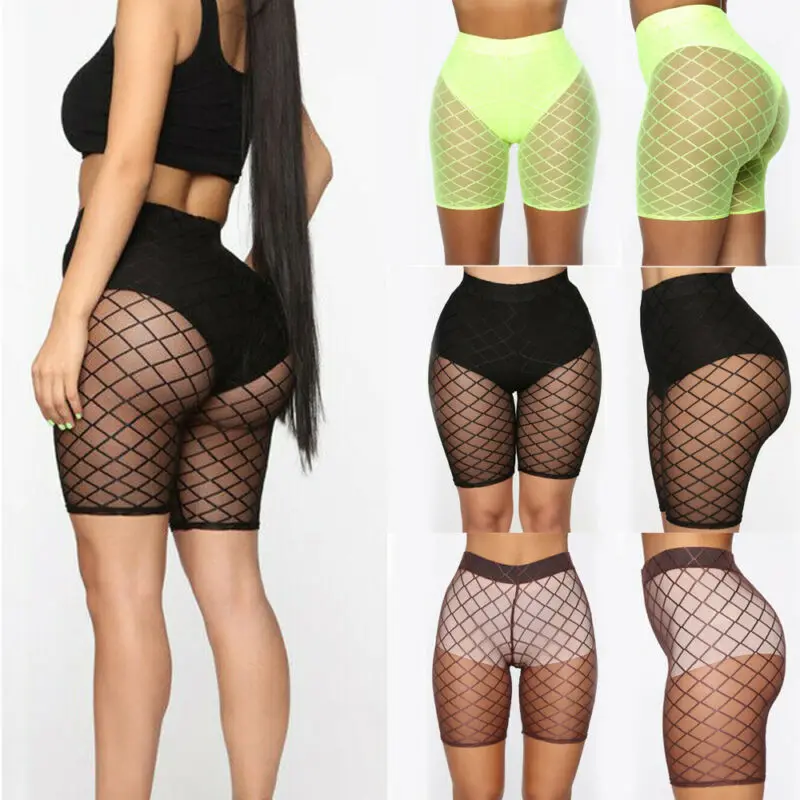 

US Women See Through Mesh Fishnet Net High Waist Shorts Leggings Bikini Cover Up
