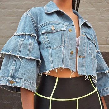 

Trendy Short Denim Jacket Women Patchwork Ripped Jeans Coat Tassels Flare Sleeve Outerwear Overcoat Plus Size Autumn Winter Chic
