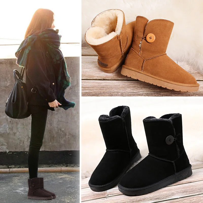 Ceny Skórzane buty śniegu kobiet 2019 zima nowa tuba drewniane przycisk pogrubienie ciepłe wodoodporne śnieg bawełniane kobiet