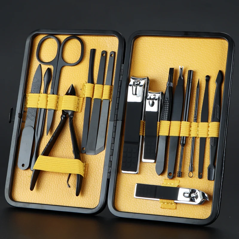 Yellow cool black 16 шт. новые маникюрные кусачки для ногтей, набор для педикюра, портативный гигиенический Набор для путешествий, набор инструментов для маникюра из нержавеющей стали - Цвет: Yellow cool black