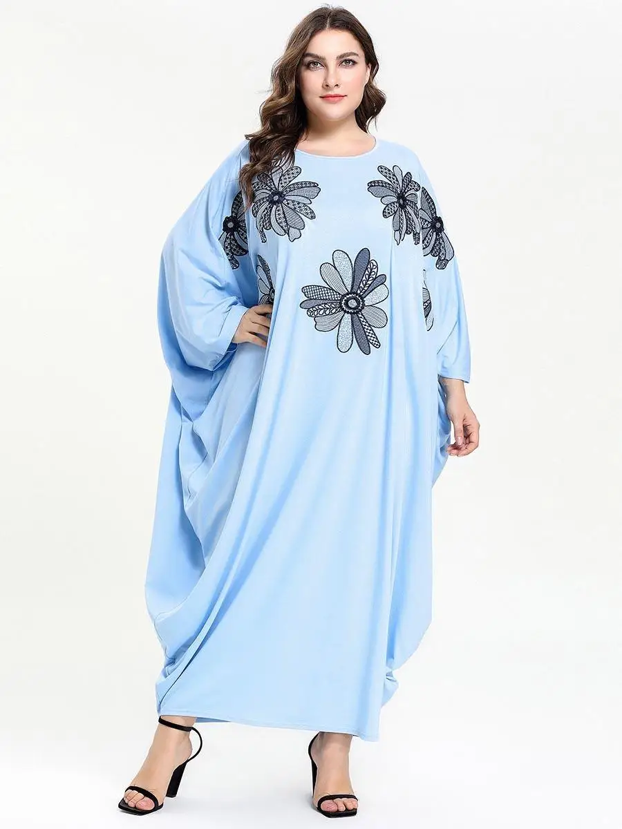 Платье большого размера abaya с рукавом "летучая мышь" фараша кафтан Цветочная вышивка полный макси платья Рамадан джилбаб мусульманские, исламские женщины платье