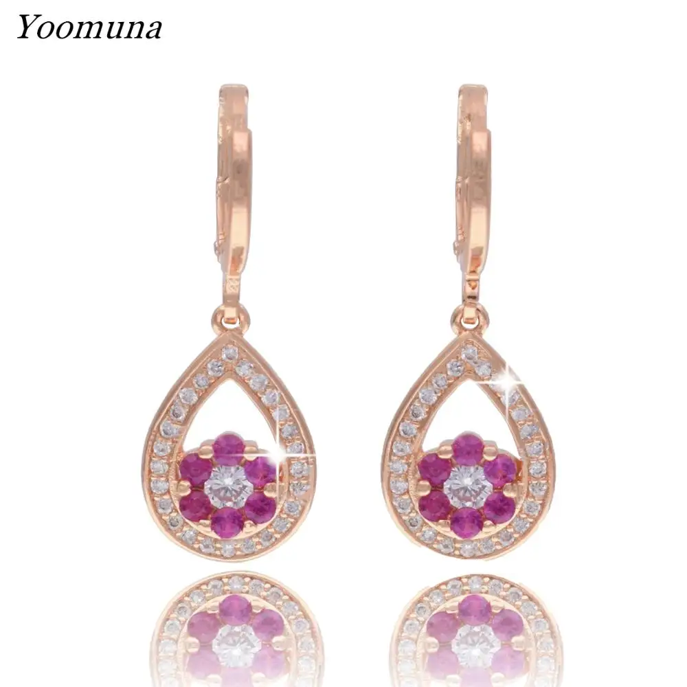 

Fashion Cubic Zirconia earrings red Crystal Flower Earrings for Women Jewellery rose gold color rhinestone long earrings Gifts