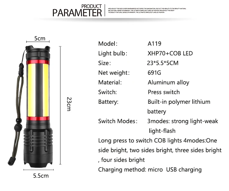 Новейший XHP70.2+ COB Встроенный 7200 мАч светодиодный фонарик 7 режимов USB Перезаряжаемый зум водонепроницаемый фонарь для похода, охоты