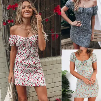 

Women Summer Boho Floral Print Mini Dress Short Sleeve Off Shoulder Evening Party Beach Dresses Elegant Ladies Slim Sundress