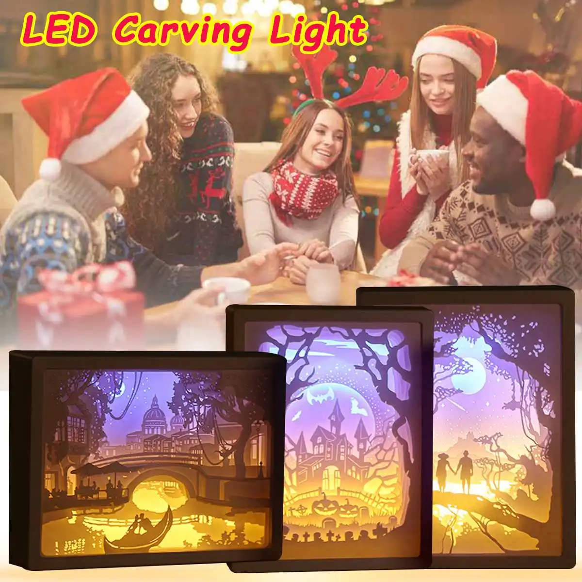

LED Table Lamps 3D Light Shadow Paper Carved Night Light DIY Paper Carving Lamp Merry Christmas Castle Creative Gift 22x17x50cm