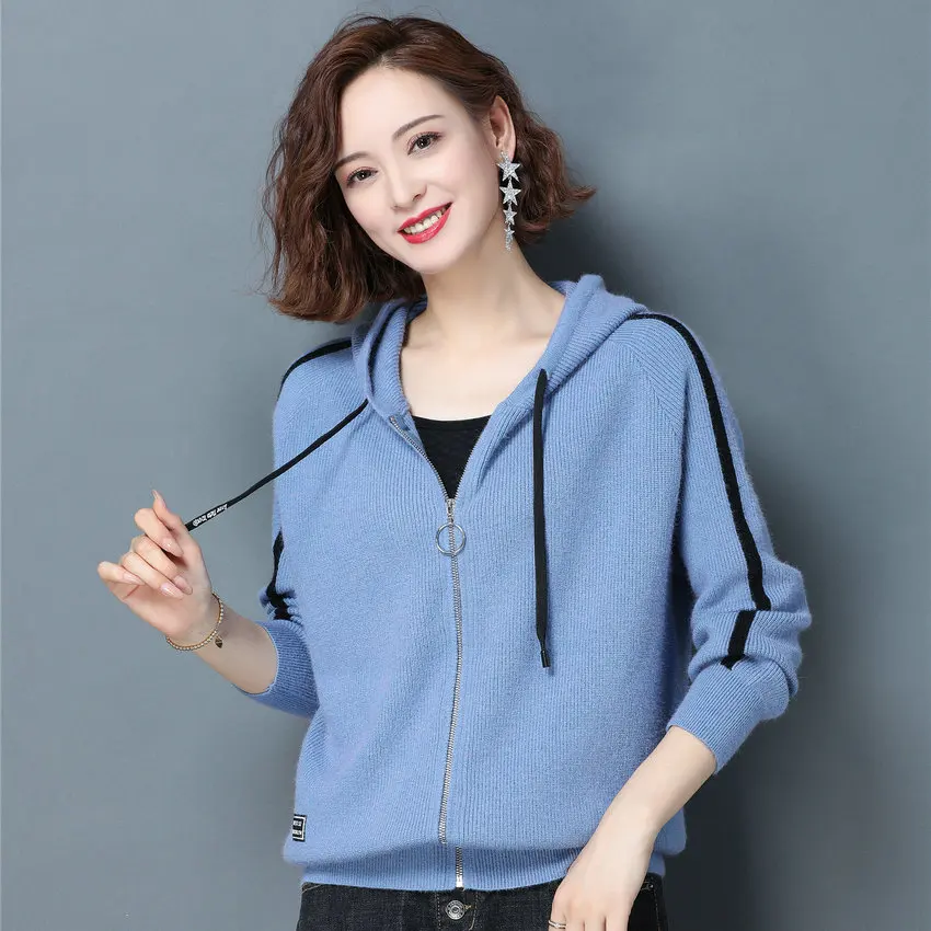 Осенне зимний вязаный женский шерстяной свитер с капюшоном и молнией спереди