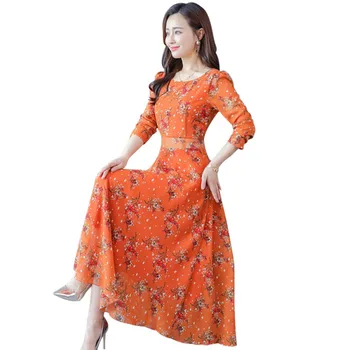 

New Women Shiny Dresses O-neck Long Sleeve Vintage Big Swing Elegant Print Maxi Dresses For Women Waist Robe!