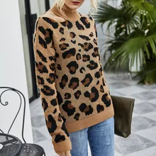 

NEEW Spring Lepard printed pullovers Sweater Women hollow out shoulder Knitted Sweaters Women Long Sleeve Pullover Female Jumper