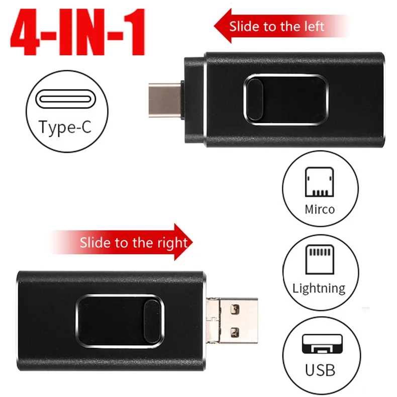 

USB Flash Drive 4 in 1 Type-c/Lightning/Micro USB/USB 2.0 For iPhone 7 7 Plus 6 5 5S Metal 64GB 32GB 128GB Pen Drive