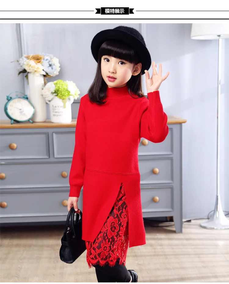 Трикотажное платье с длинными рукавами для девочек от 2 до 10 лет детский кружевной свитер с нашивками, Детские осенне-зимние платья в стиле пэчворк костюм принцессы для девочек