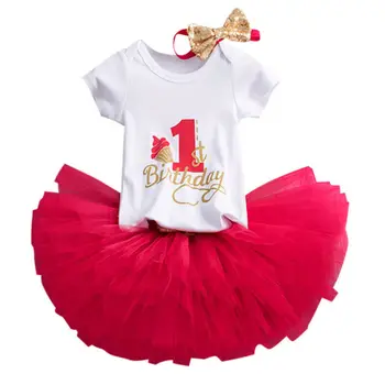 

0-18M Toddler Baby Girls First 1st Birthday Outfit Romper Tops Lace Tutu Skirt Cake Headband 3pcs Clothes Sets