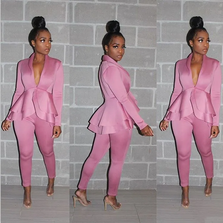 

2019 Autumn Deep V-Neck Tops And Pencil Pants Slim Two Piece Set Ruffles Women Long Sleeve High Waist Outfits Casual Suit