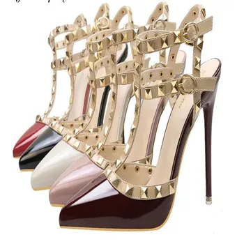 

2019 fashion Pumps shoes Sexy Pointed toe rivet women Shoes Thin Heels Hollow super High heel shoes .ZWM-9616