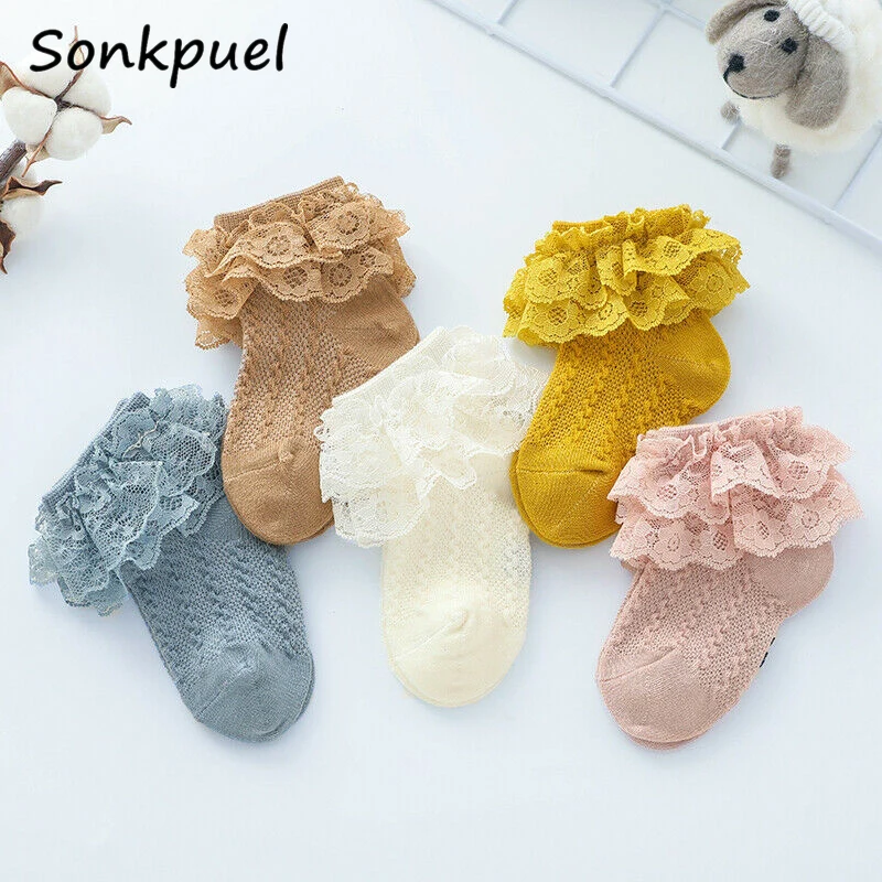 Calcetines tobilleros de algodón para niña, medias transpirables de malla de princesa con volantes y encaje, blanco, rosa, amarillo, para chicas chicos niños