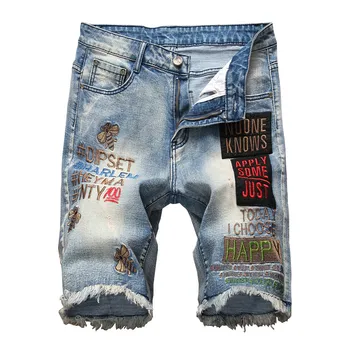 

Men's Knee Length Letters Embroidery Fringe Shorts Plus Size Bees Embroidered Patches Slim Straight Denim Jeans