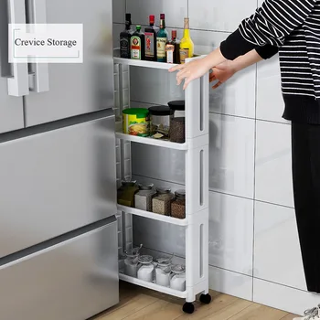

2/3/4 Layer Kitchen Storage Rack For Goods Fridge Side Shelf Removable With Wheels Bathroom Organizer Slim Shelf Gap Holder