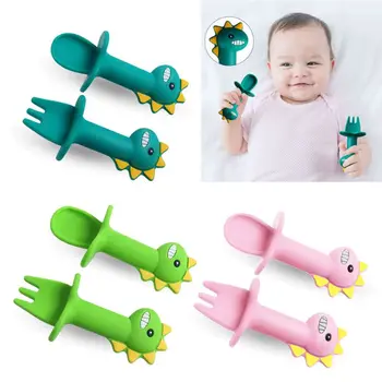 

2pcs/lot Baby Feeding Tableware Set Baby Training Fork Spoon Set Silicone Food Grade Newborn Accessories Teether
