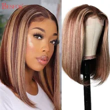 

Ombre 13x1 Lace Human Hair Bob Wigs 180% Density T Part Lace Wig Straight Highlight Middle Part Wigs with Baby Hair For Women