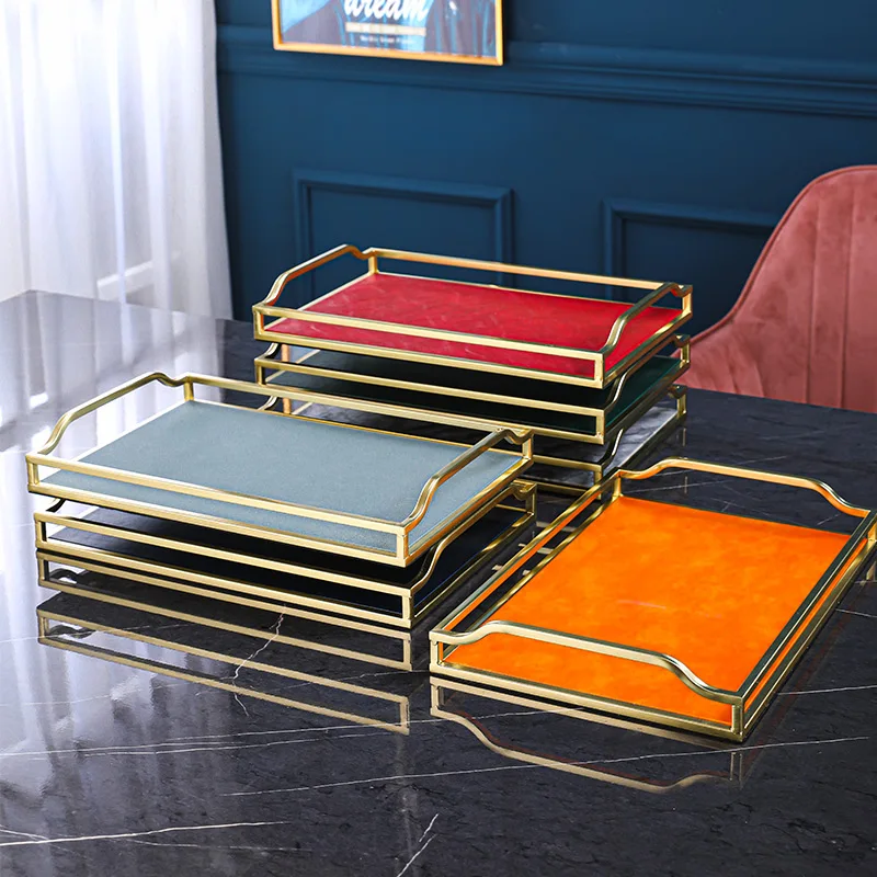 Metal Frame Leather Storage Tray Household Bedroom Cosmetics Skin Care