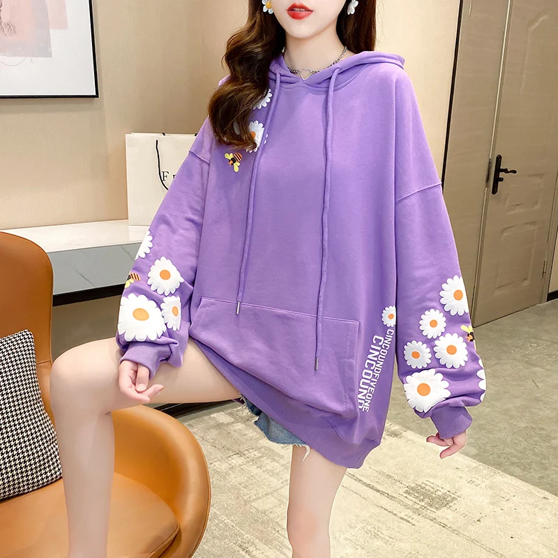 가을 한국 버전 느슨한 면화 후드 앞면과 뒷면 인쇄 탑 플러스 사이즈 여성 긴팔 여성 후드