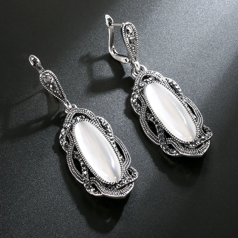 Women Earring Ring Sets Boho Yellow Stone Tibetan Silver AAA Gray Crystal Big Oval Vintage Jewelry earring ring sets