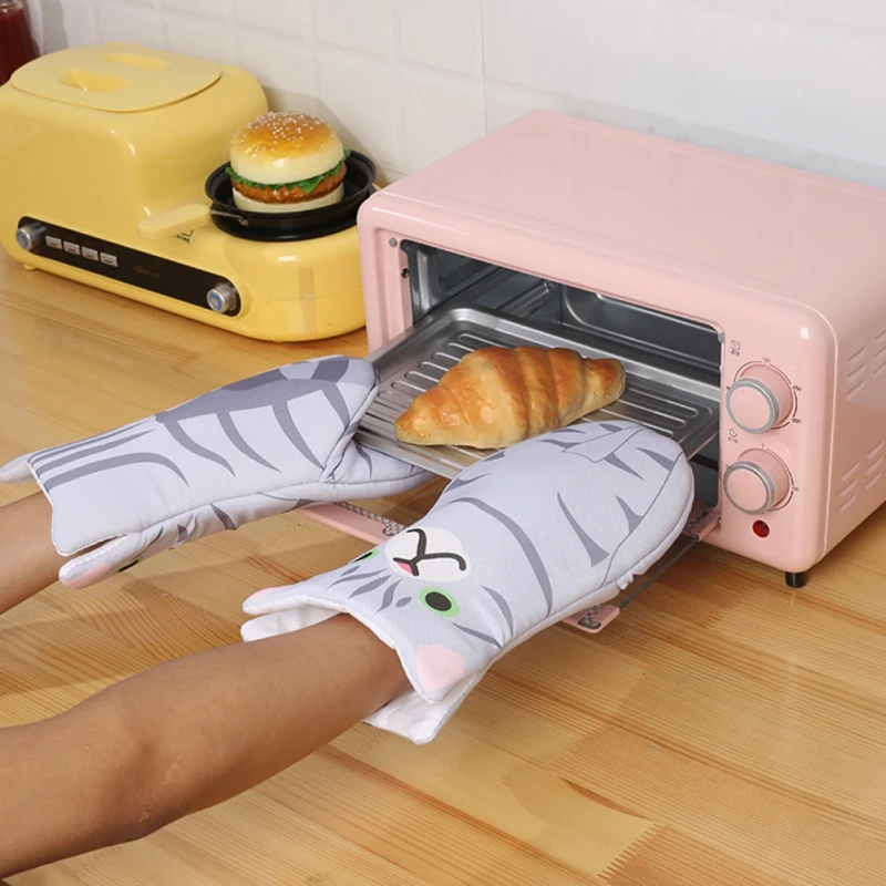 1 Pair Cartoon Animal Cat Paws Oven Mitts Heat Resistant Non-slip Long Microwave Gloves Cotton Kitchen Baking Insulation Gloves