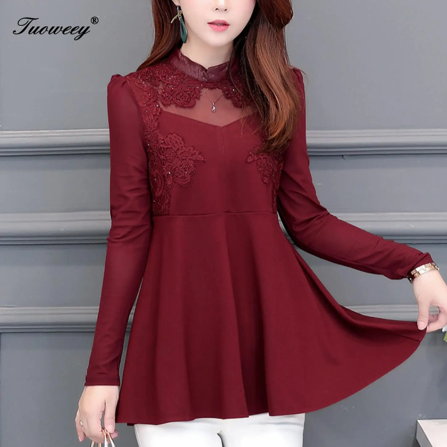 

Plus Size Women Blouses 2019 Fashion autumn long Sleeve loose lace see through Long Shirt Female Casual Elegant Printed Blouse