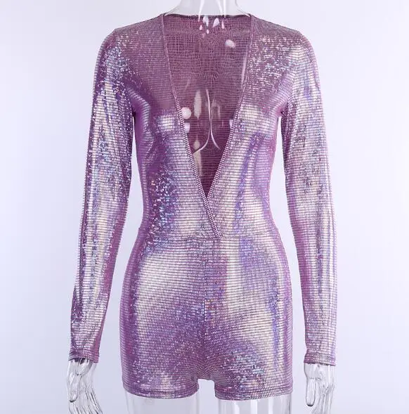 New women's sexy hot stamping deep V-neck tight-fitting long-sleeved jumpsuit