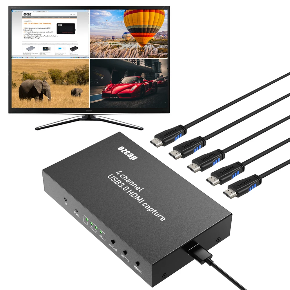 4 채널 USB3.0 비디오 캡처 HDMI 입력 1080P60fps, 4 채널 실시간 기록, Windows MAC linux용 UVC 표준, 안드로이드 스트리밍